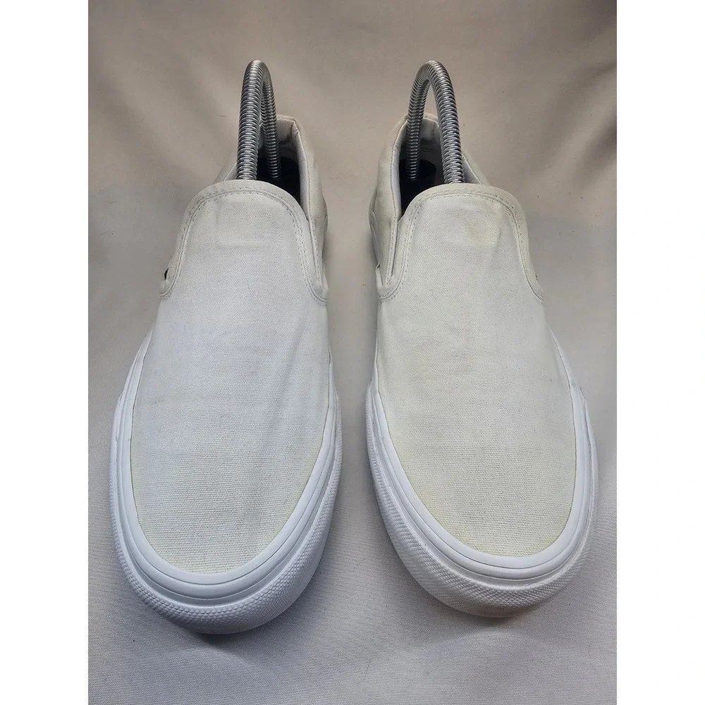 Vans Classic Slip On White Canvas Skate Shoes Mens 7 Womens 8.5 Low Top Sneakers